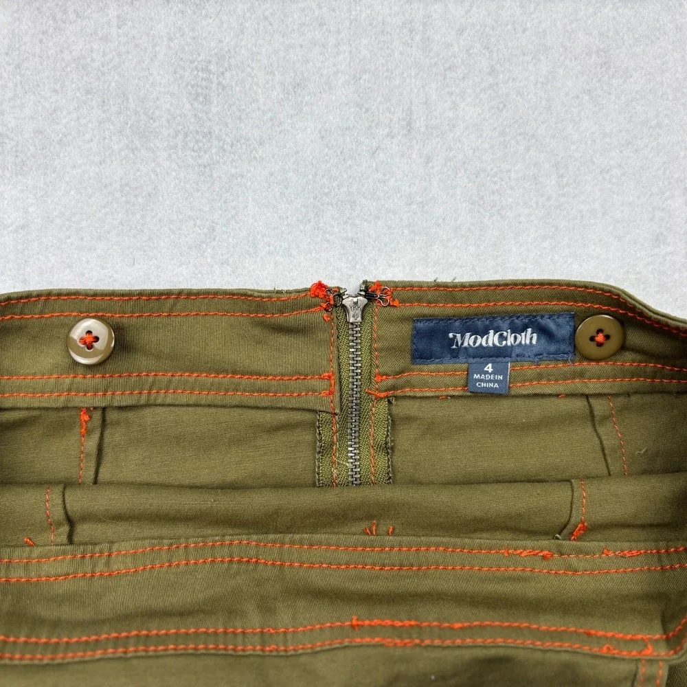ModCloth Overall Jumper Mini Dress Olive Green Orange Stitch Pinafore Womens 4